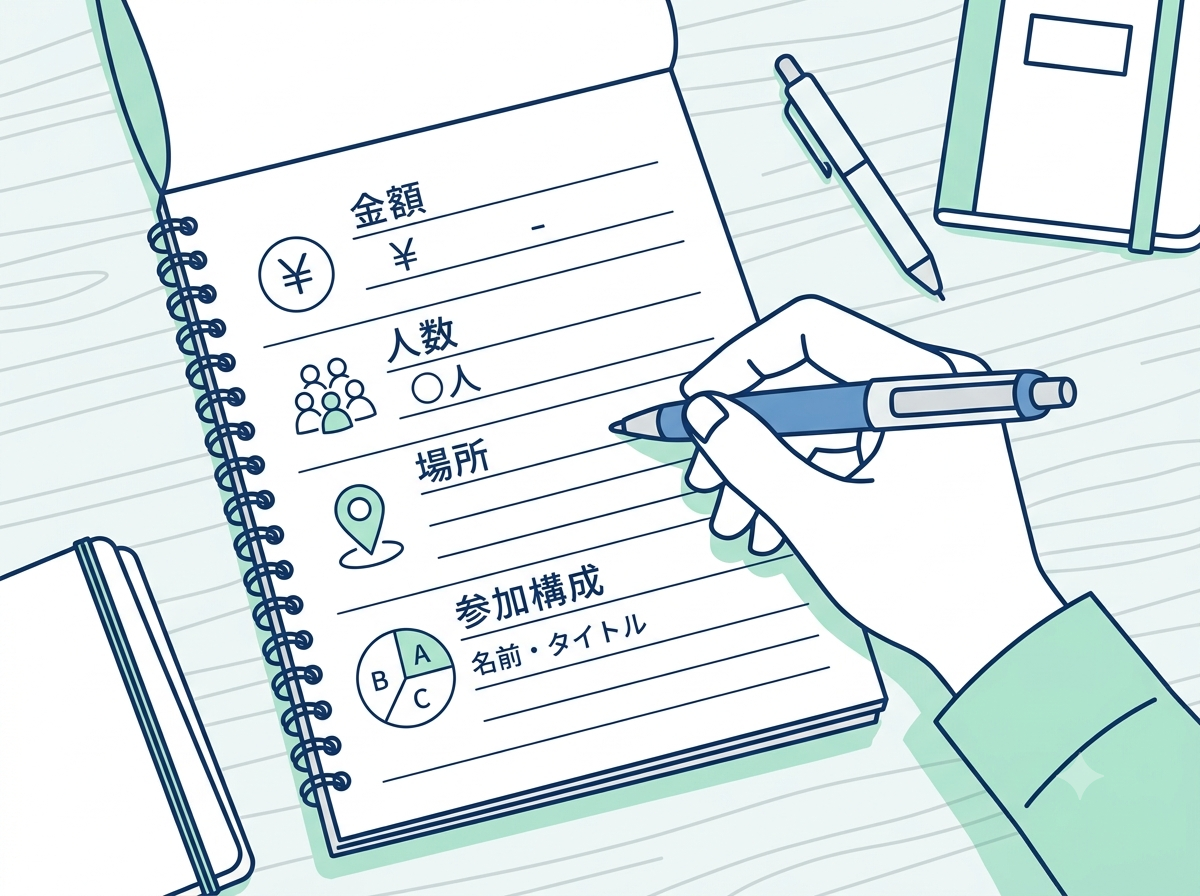 金額・人数・場所・参加構成をメモする様子を示す図