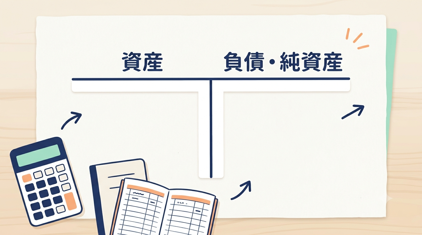 B/S勘定科目の借方・貸方の定位置を解説するイメージ図