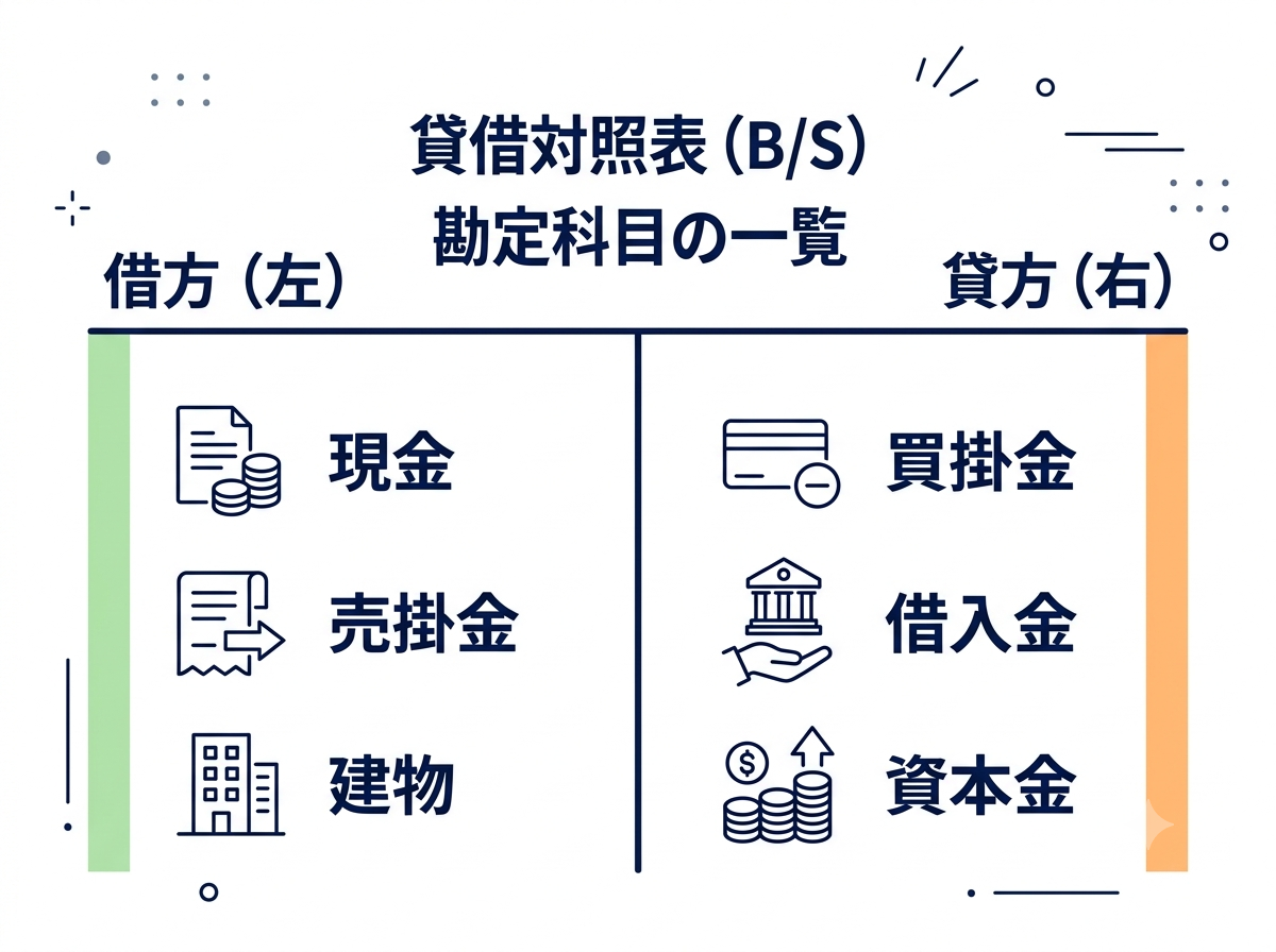 B/Sの勘定科目を左右に整理したT字勘定の図