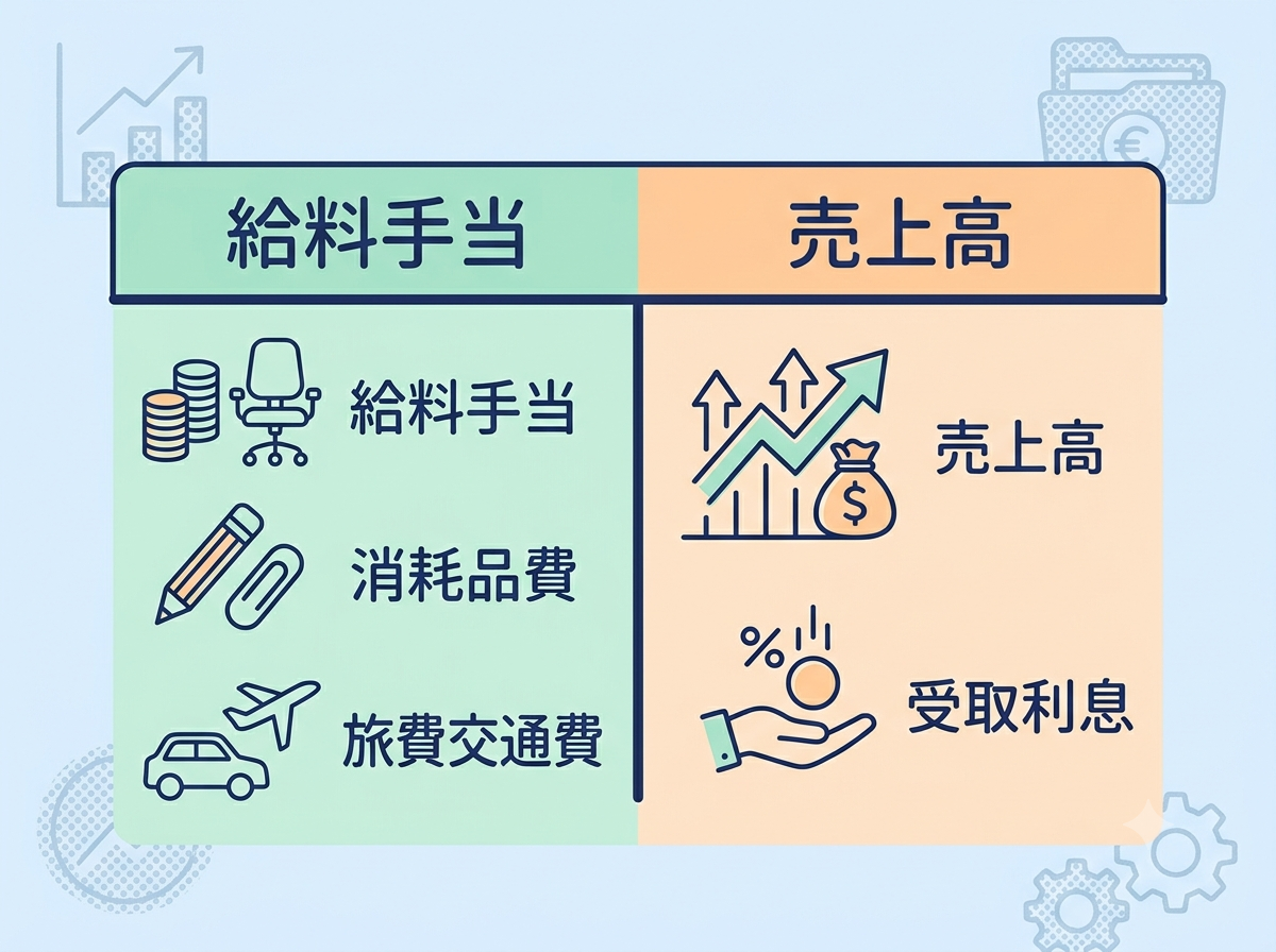 P/Lの勘定科目を左右に整理したT字勘定の図