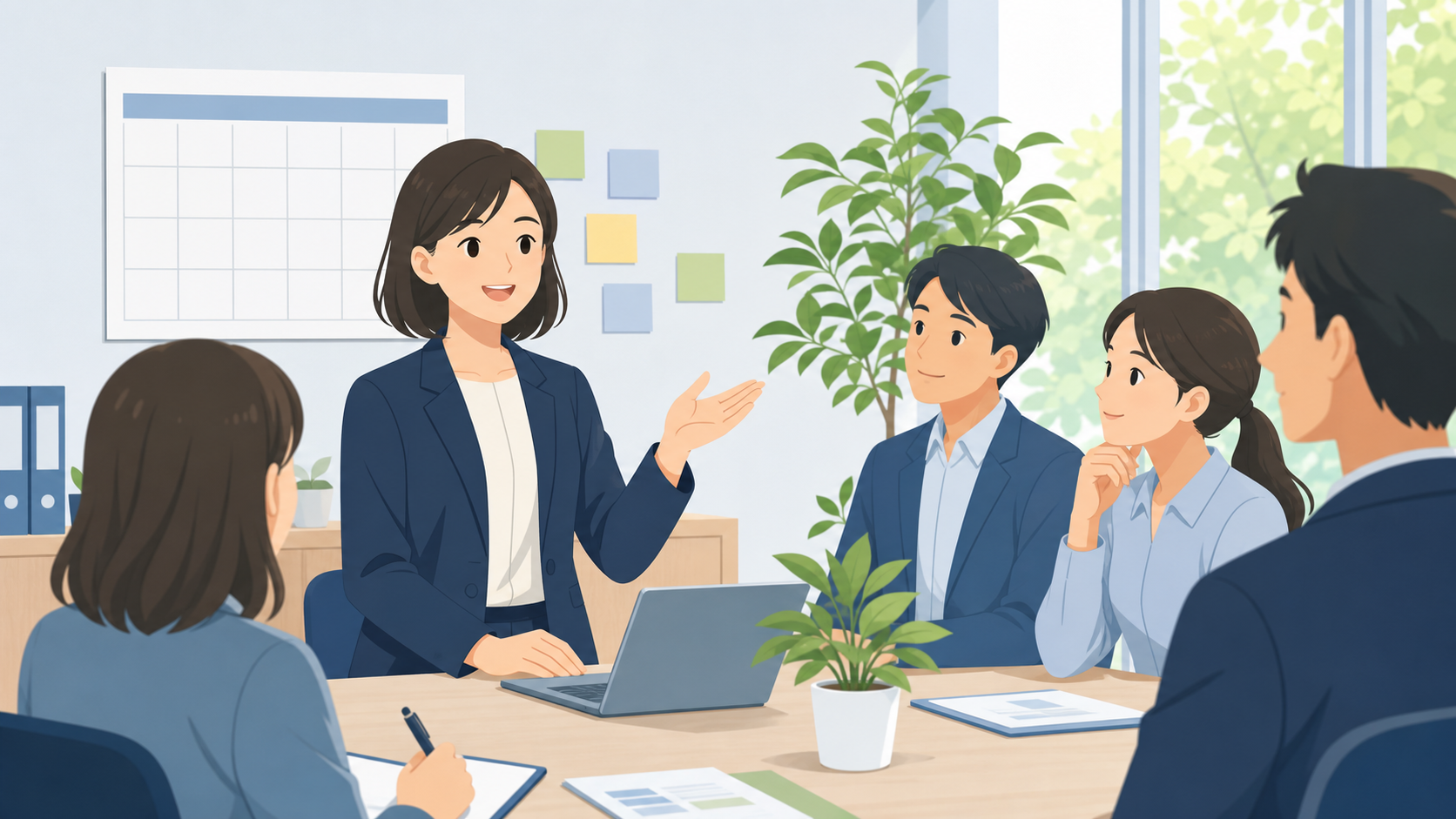 経費精算の締め日ルールを社内に周知する経理担当者を表すイメージ図