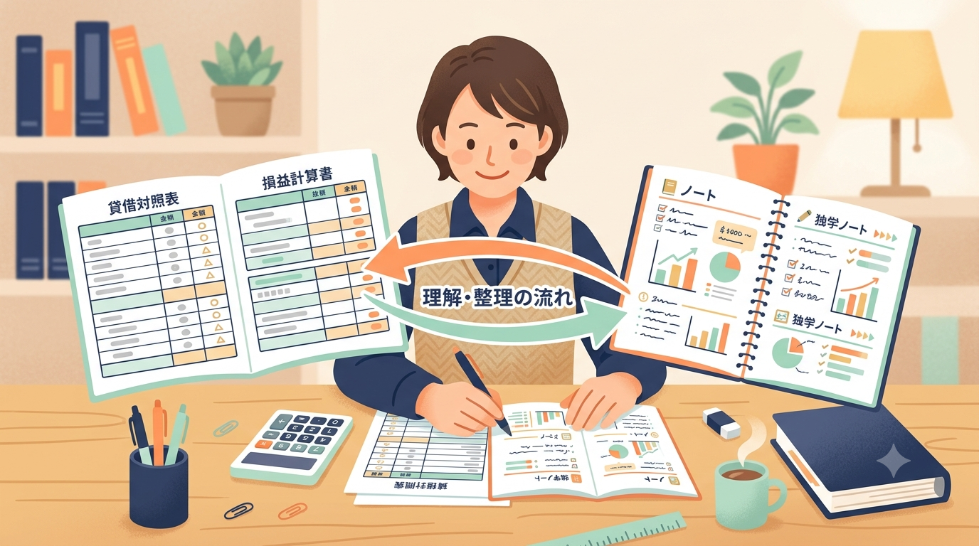 自社のBS・PLを見ながら経理を独学で勉強する様子を表すイメージ図
