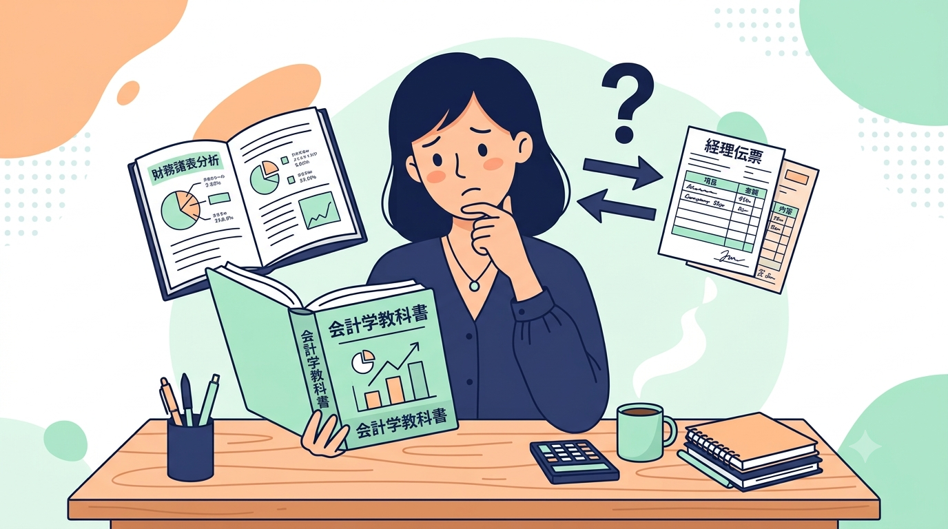 教科書の知識と実務のギャップに戸惑う経理担当者を表すイメージ図