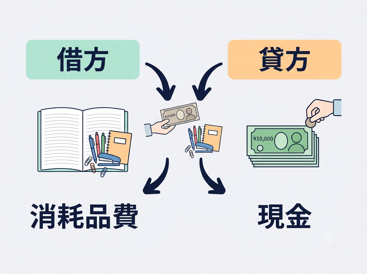 現金で消耗品を買った取引を借方・貸方に分けて示す具体例の図