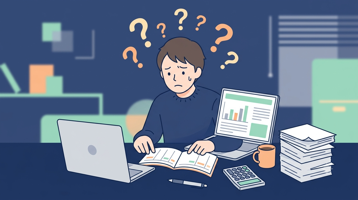 仕訳の意味と目的がわからず悩む初心者を表すイメージ図