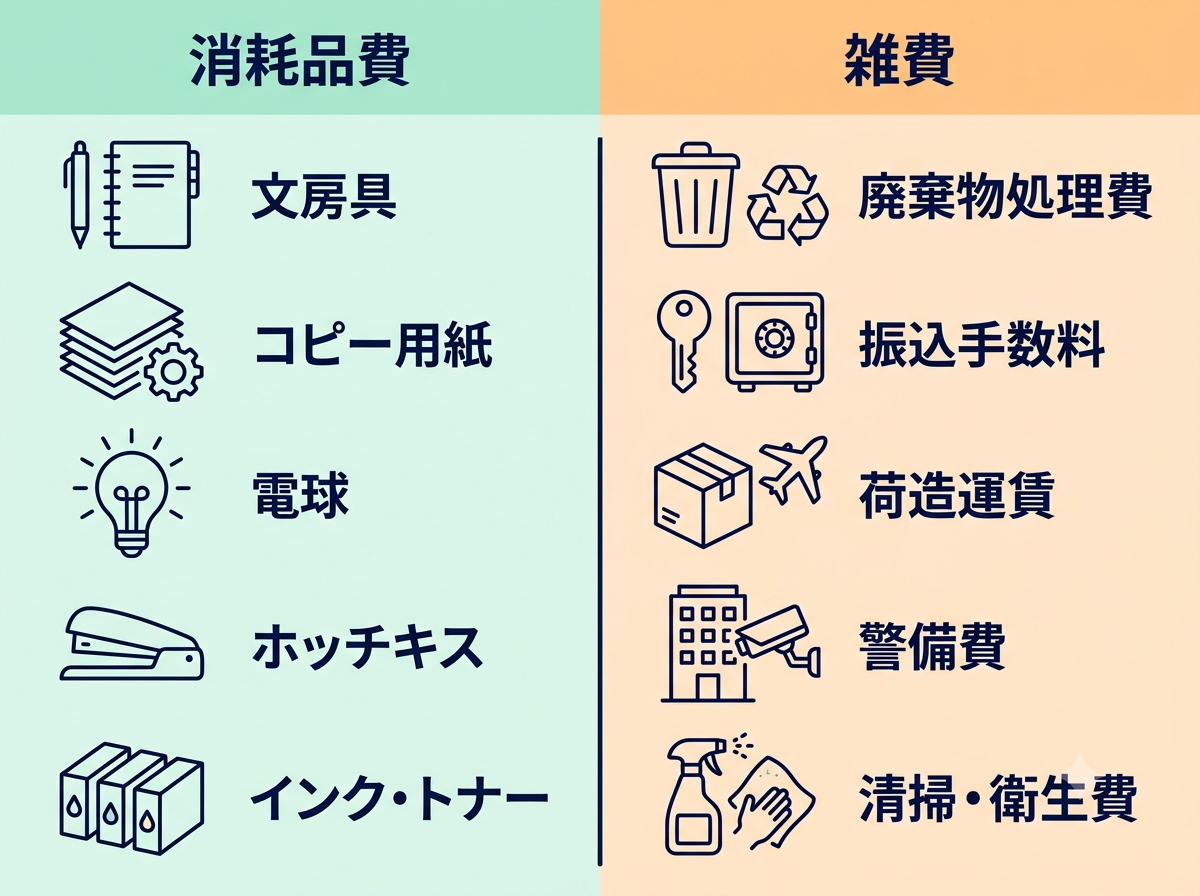 消耗品費と雑費の代表的な支出例を比較した図