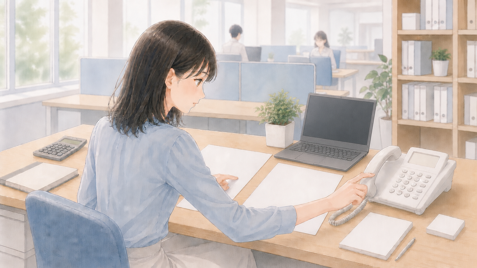 帳票を突き合わせながら、確認のため電話に手を伸ばしている経理担当者のイメージ図