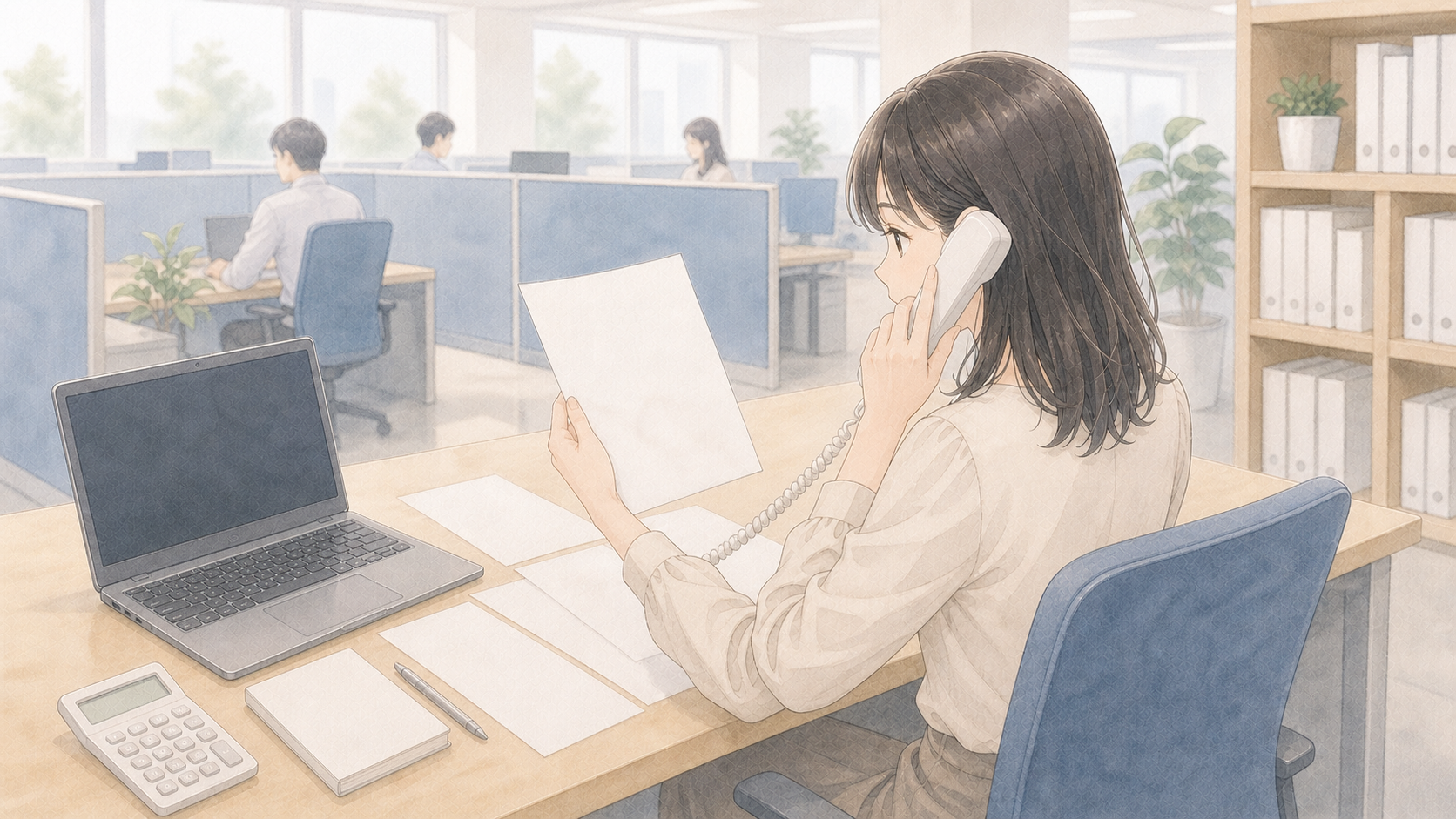 書類を手に、受話器を取って本社に相談している経理担当者のイメージ図
