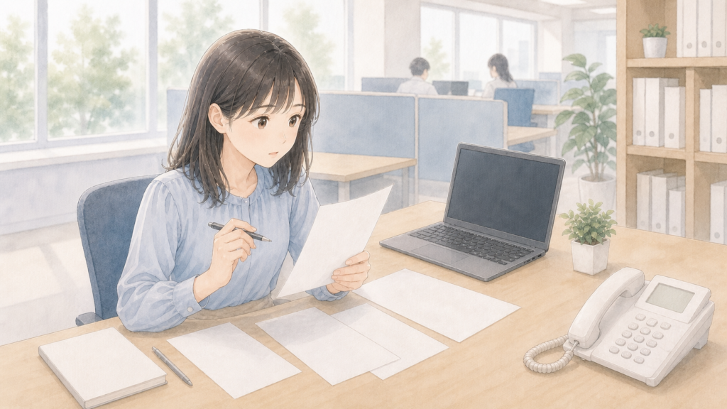 書類を前に表情を固くして手が止まっている経理担当者のイメージ図