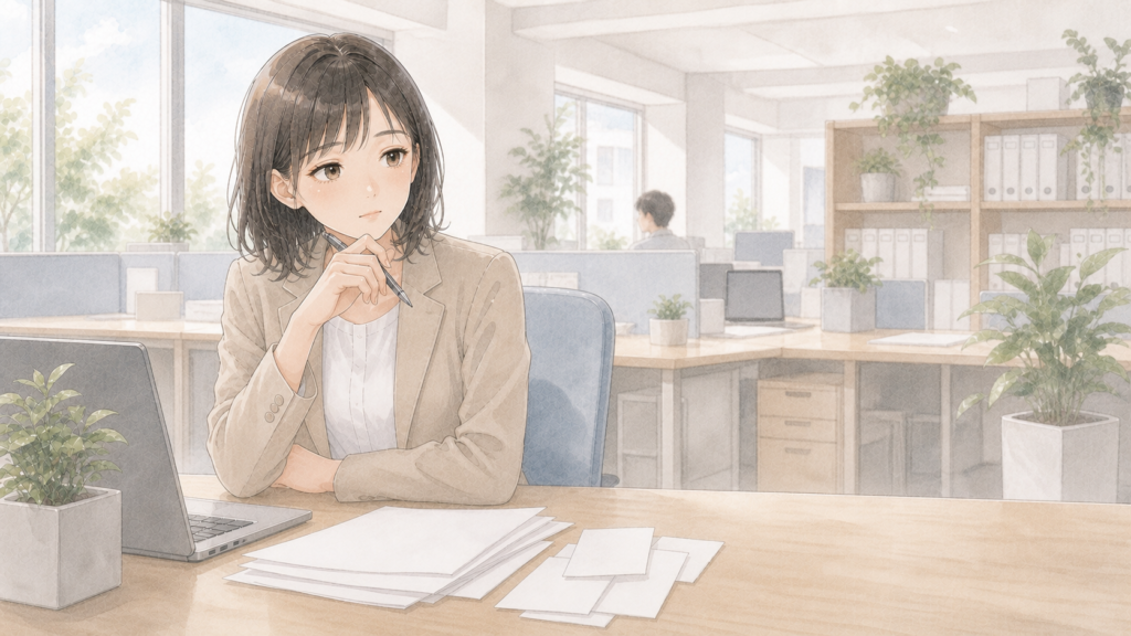 他部署とのやり取りに悩み、手が止まっている経理担当者のイメージ図