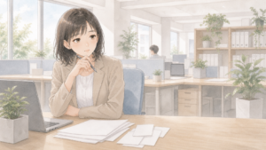 他部署とのやり取りに悩み、手が止まっている経理担当者のイメージ図