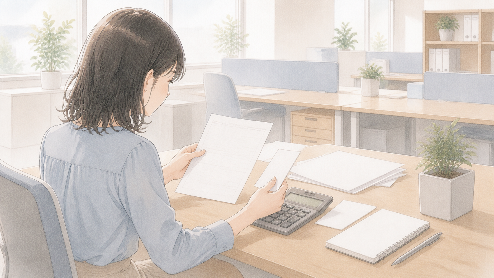 提出された経費精算の書類を一枚ずつ確認している経理担当者のイメージ図