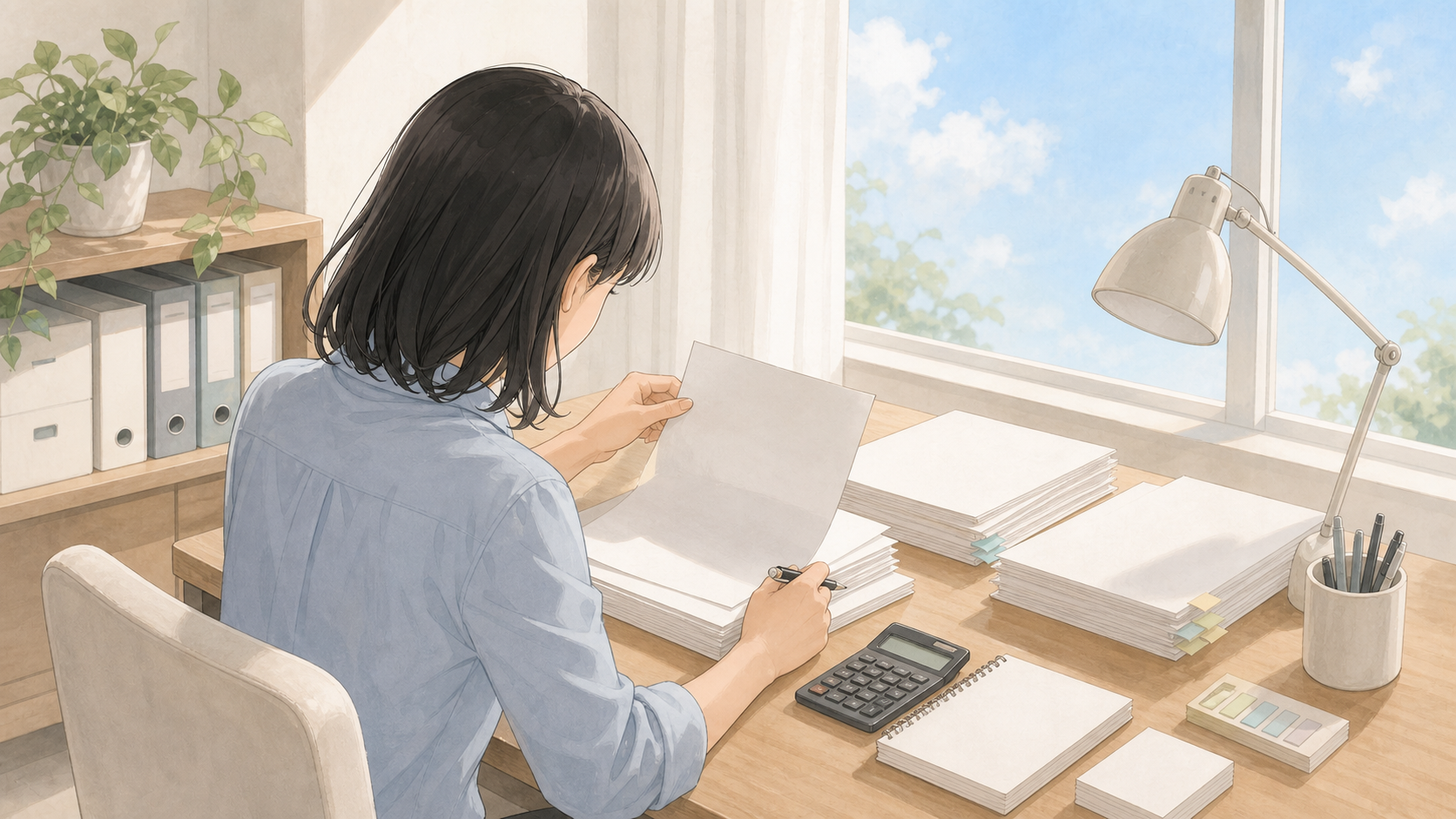 過去の書類を広げて手がかりを探す経理担当者のイメージ図
