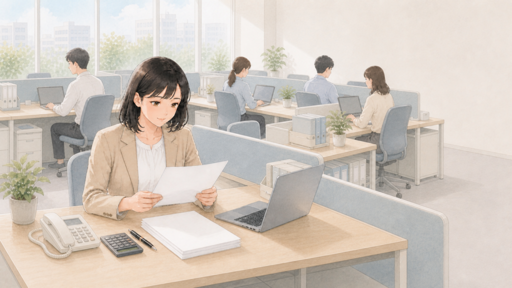 終わった作業を見返す経理担当者のイメージ図