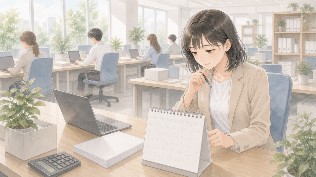 休みを取りたくても取りづらいと感じている経理担当者のイメージ図