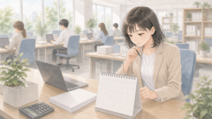 休みを取りたくても取りづらいと感じている経理担当者のイメージ図
