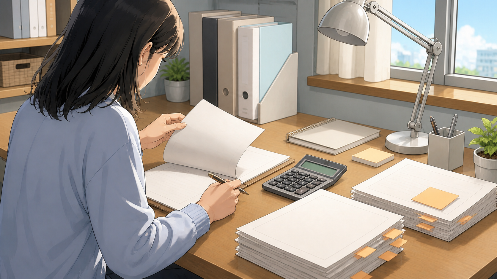年末調整の申告書を1枚ずつ確認する経理担当者のイメージ
