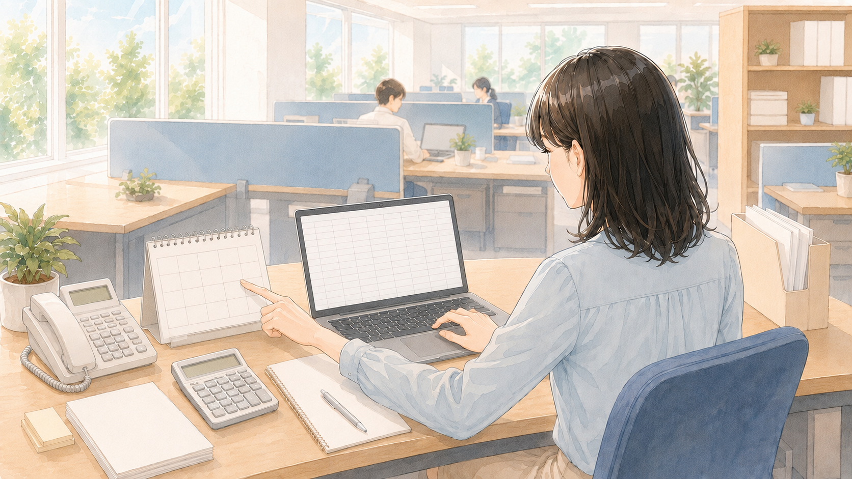 パソコンで今月の月次リストを作りながら、卓上カレンダーで日程を確認している経理担当者のイメージ図