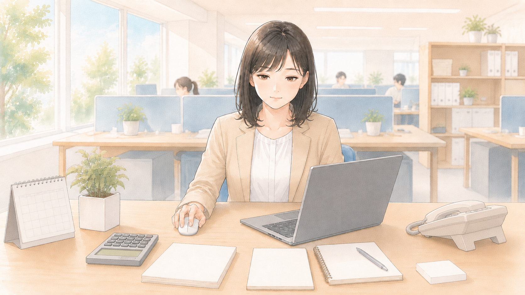 月初1日の朝、デスクで何から手をつけるか考えて手が止まっている経理担当者のイメージ図