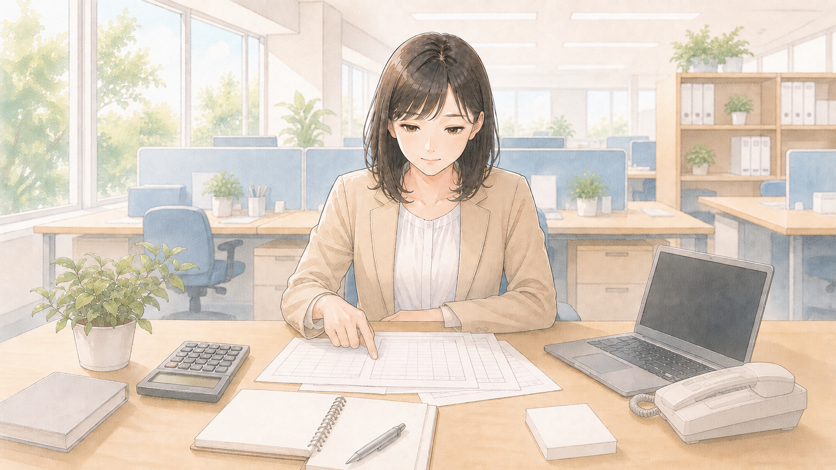 試算表を前に、数字は合っているのに何かが引っかかって手が止まっている経理担当者のイメージ図