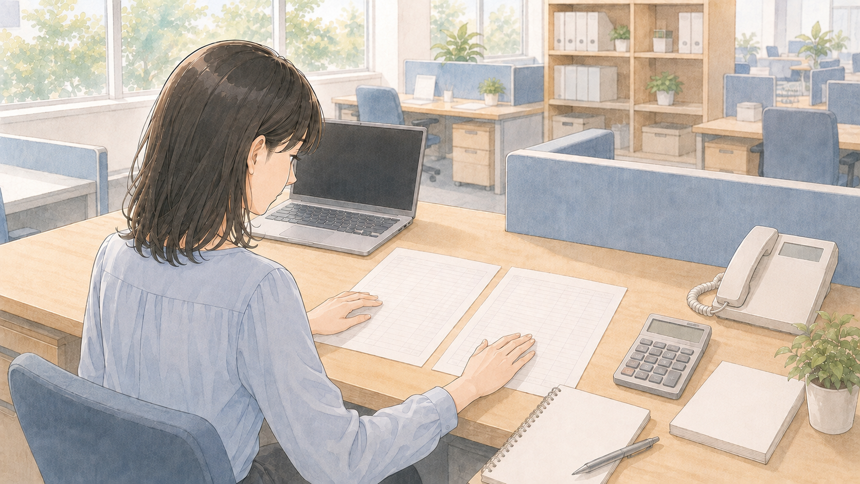 相手先の資料と自社の数字を並べて突き合わせている経理担当者のイメージ図