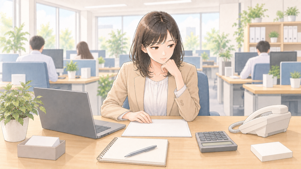 相手からの返事を待っていて、手が止まっている経理担当者のイメージ図