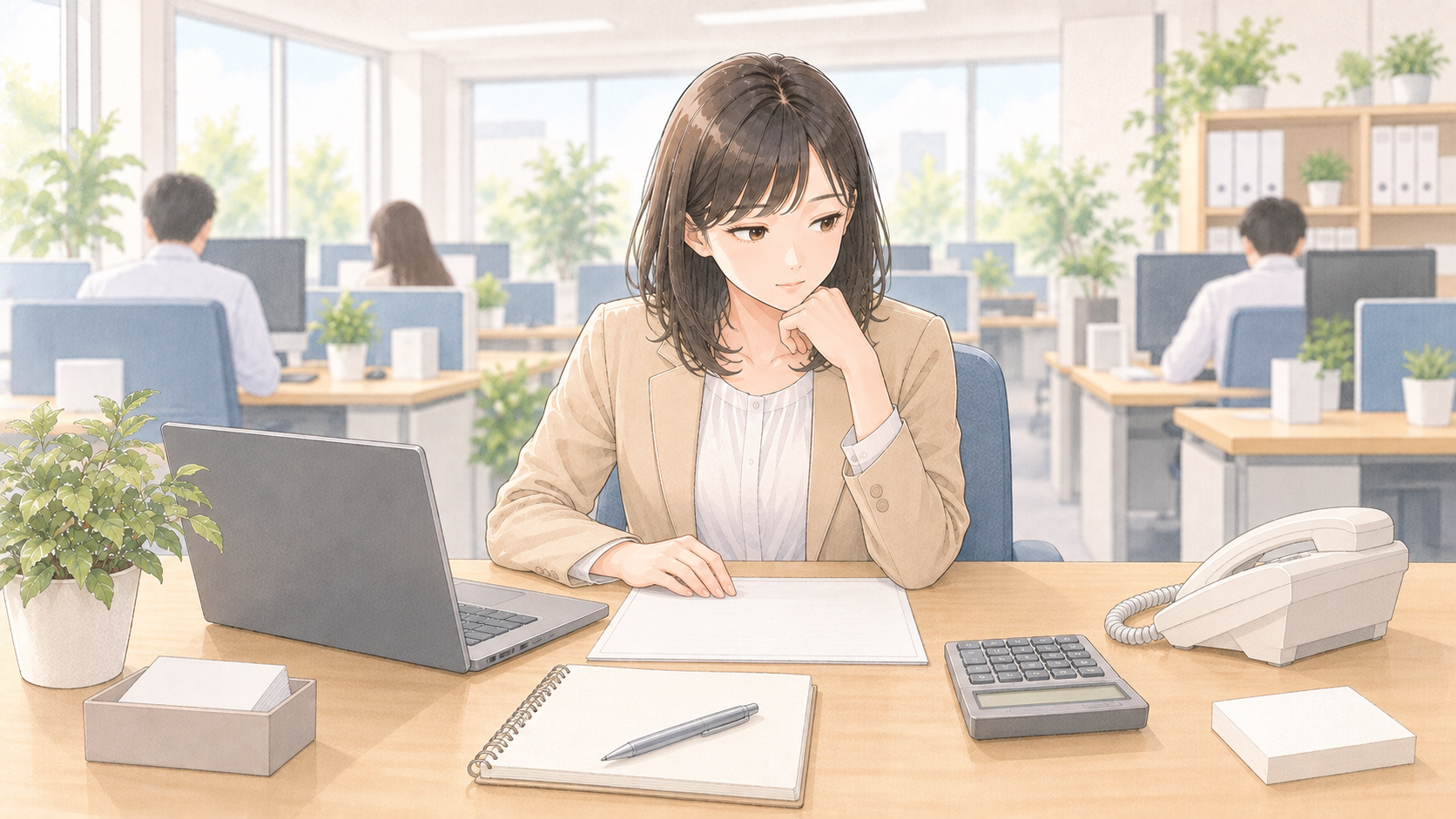 相手からの返事を待っていて、手が止まっている経理担当者のイメージ図