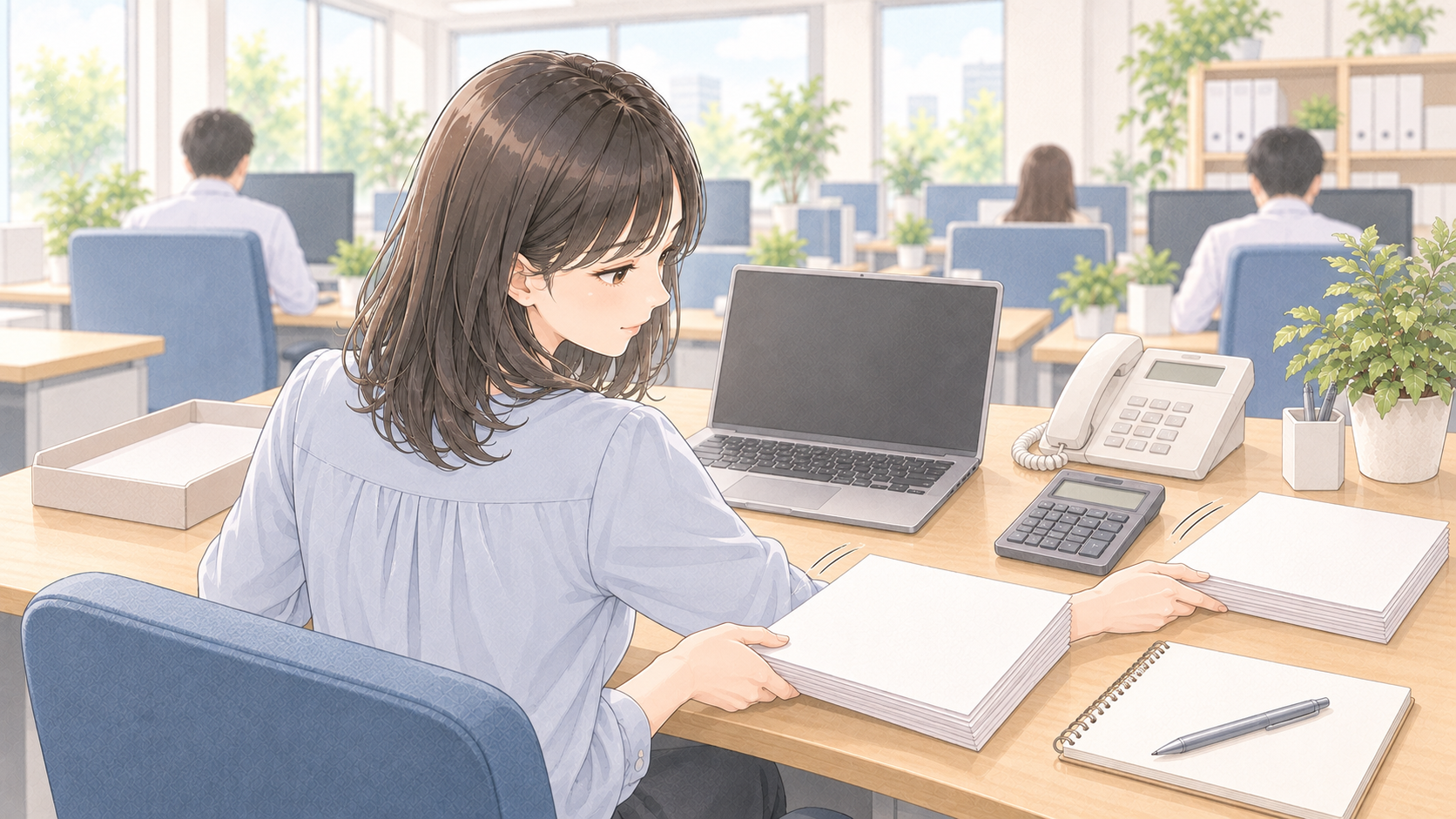 待ちの書類を脇へ寄せ、別の仕事に切り替えている経理担当者のイメージ図
