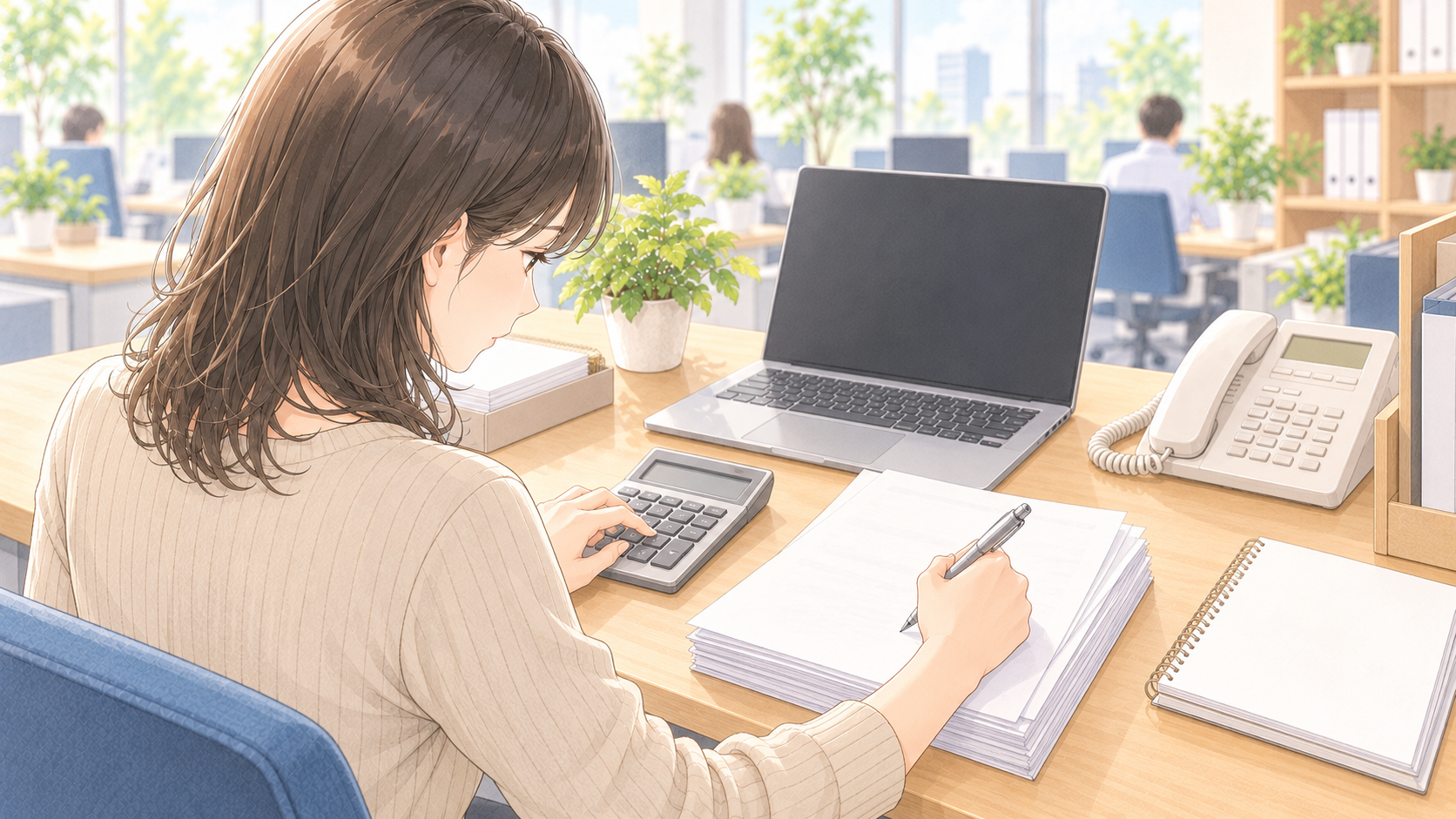 請求書の控えを古い順に1枚ずつ確かめ、電卓で足していく経理担当者