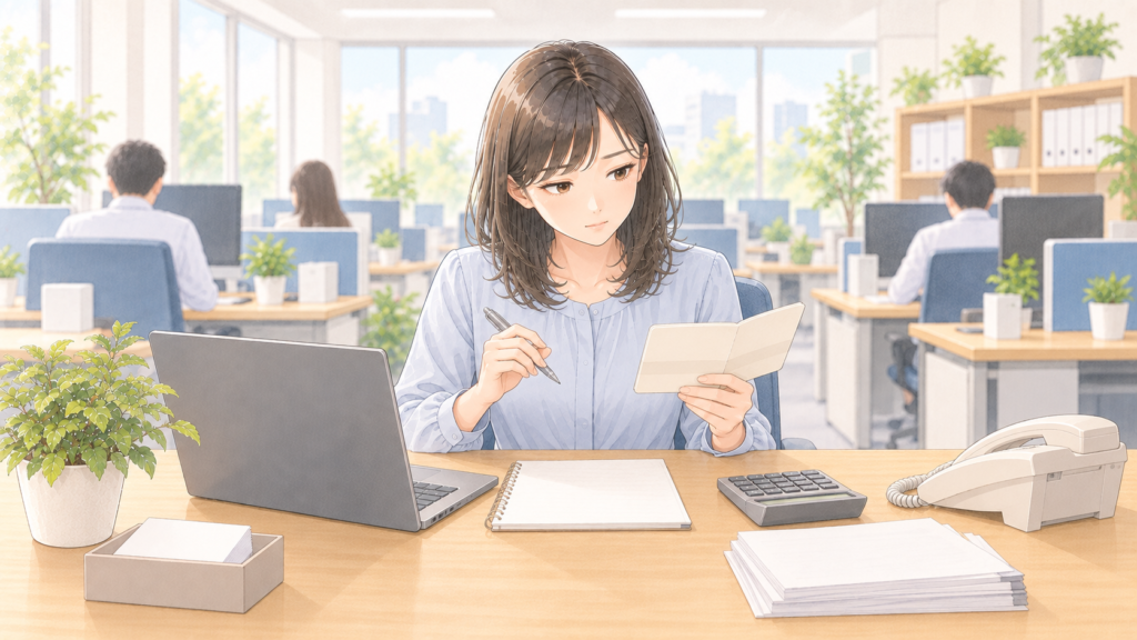 合算入金がどの請求分か分からず、通帳と請求一覧を見比べて考えこむ経理担当者
